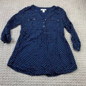 Motherhood Maternity Mini Dress Shirt Women Size Large L Navy Blue Polka Dots